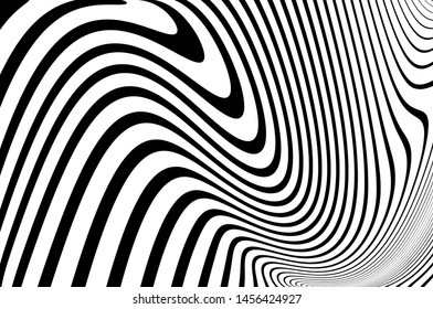Digital image with a psychedelic stripes. Wave design black and white. Texture with wavy, curves lines. Optical art background. Vector illustration  