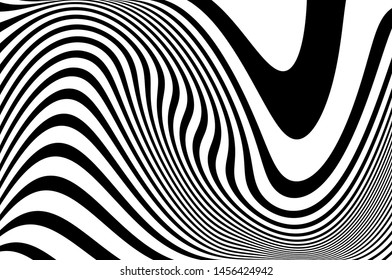Digital image with a psychedelic stripes. Wave design black and white. Texture with wavy, curves lines. Optical art background. Vector illustration  