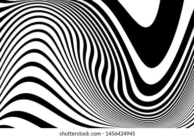 Digital image with a psychedelic stripes. Wave design black and white. Texture with wavy, curves lines. Optical art background. Vector illustration  