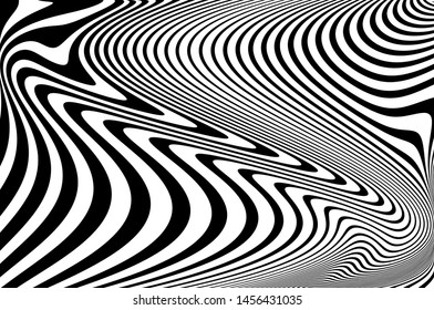 Digital image with a psychedelic stripes. Wave design black and white. Texture with wavy, curves lines. Optical art background. Vector illustration  