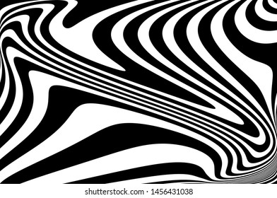 Digital image with a psychedelic stripes. Wave design black and white. Texture with wavy, curves lines. Optical art background. Vector illustration  