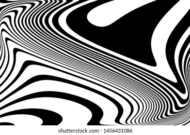 Digital image with a psychedelic stripes. Wave design black and white. Texture with wavy, curves lines. Optical art background. Vector illustration  