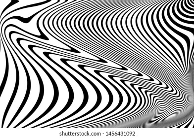 Digital image with a psychedelic stripes. Wave design black and white. Texture with wavy, curves lines. Optical art background. Vector illustration  