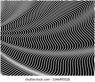 Digital image with a psychedelic stripes Wave design black and white. Optical art background. Texture with wavy, curves lines. Vector illustration 