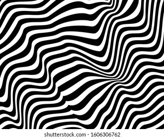 Digital image with a psychedelic stripes Wave design black and white. Optical art background. Texture with wavy, curves lines. Vector illustration