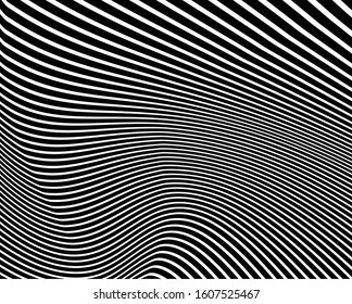  Digital image with a psychedelic stripes Wave design black and white. Optical art background. Texture with wavy, curves lines. Vector illustration