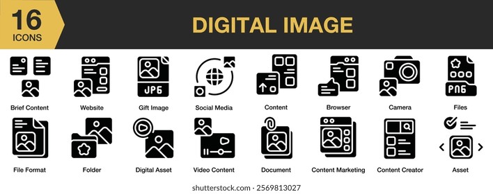 Digital Image solid icon set. Includes asset brief content, browser, camera, content creator, and More. Solid icons vector collection.