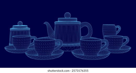 Digital image of a tea set with a teapot, cups, and saucers. The teapot is positioned in the center of the image, with cups and saucers surrounding it. The cups are arranged in a row