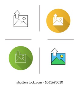 Digital image uploading icon. Picture with up arrow. Flat design, linear and color styles. Isolated vector illustrations