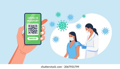 Digital Immune Medical Certificate. Electronic Health Passport of Vaccination for Covid-19. QR Code auf dem Telefon für sichere Fahrt während der Pandemie. Doctor IMPINAT Patient gegen Coronavirus