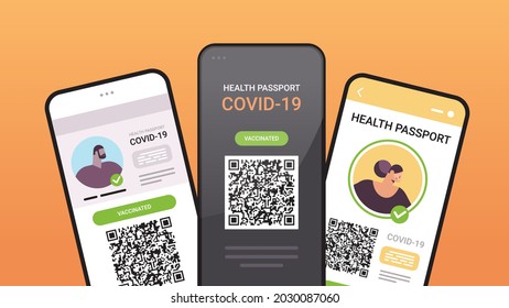 pasaportes de inmunidad digital con código qr en pantallas de smartphone arriesgan certificado de vacunación pandémica covid-19 gratuito