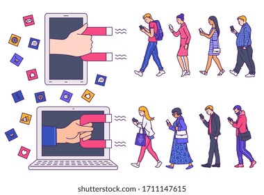 Digital Inbound Marketing Concept Set - Menschen, deren Gadgets mit Magnet in Smartphone oder Laptop-Bildschirm mit Symbolen für Social Media-Engagement gezogen werden. Flache einzelne Vektorillustration Illustration.
