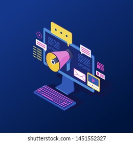Digital, inbound marketing isometric vector illustration. Media advertising strategy, online pr campaign, promotion. Ads, content marketing 3d concept. Computer with megaphone isolated clipart