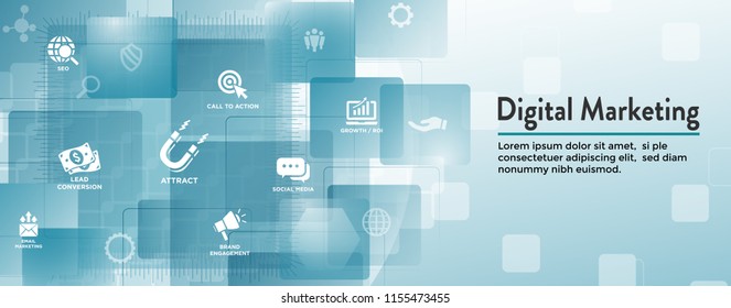 Digital Inbound Marketing Web Banner w Vector Icons with CTA, Growth, SEO, etc