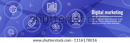 Digital Inbound Marketing Web Banner w Vector Icons & CTA, Growth, SEO, etc