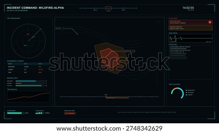 A digital incident command dashboard displays real-time wildfire tracking data, including a hotspot map, environmental telemetry, active alerts, and resource levels on a dark interface.