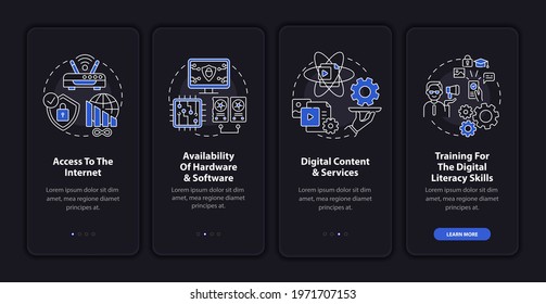 Digital inclusion components onboarding mobile app page screen with concepts. Digital literacy walkthrough 4 steps graphic instructions. UI, UX, GUI vector template with linear dark theme illustration
