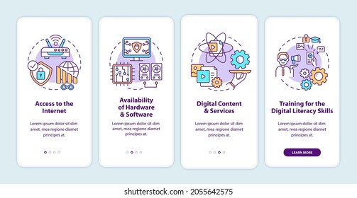 Componentes de inclusión digital a bordo de la pantalla de la aplicación móvil con conceptos. Recorrido de alfabetización digital de 4 pasos de instrucciones gráficas. UI, UX, plantilla de vector GUI con ilustraciones de color lineales
