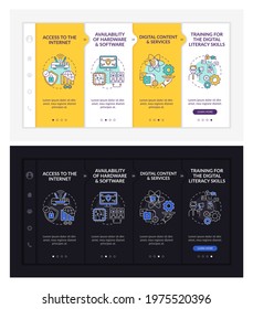 Digital inclusion components onboarding vector template. Responsive mobile website with icons. Web page walkthrough 4 step screens. Technology access color concept with linear illustrations