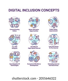 Digital inclusion concept icons set. Extend internet to rural areas. Adoption of technologies. Digitalization idea thin line RGB color illustrations. Vector isolated outline drawings. Editable stroke