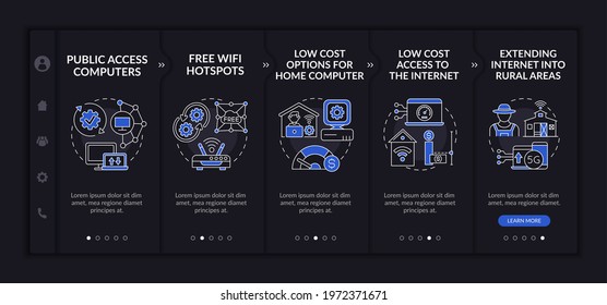 Digital inclusion measures onboarding vector template. Responsive mobile website with icons. Web page walkthrough 5 step screens. Technology access dark theme concept with linear illustrations