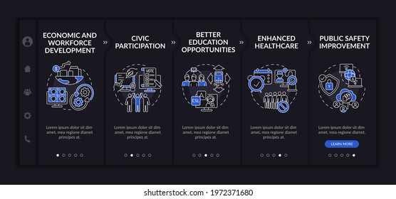 Digital inclusion measures onboarding vector template. Responsive mobile website with icons. Web page walkthrough 5 step screens. Technology access dark theme concept with linear illustrations