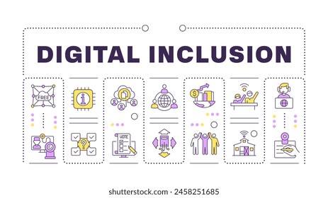 Digital inclusion word concept isolated on white. Web accessibility, communication technology. Creative illustration banner surrounded by editable line colorful icons. Hubot Sans font used