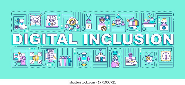 Digital inclusion word concepts banner. Services and devices. Reducing digital exclusion. Infographics with linear icons on mint background. Isolated typography. Vector outline RGB color illustration