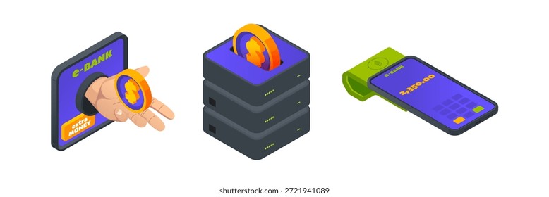 Conjunto de ingresos y pagos digitales. Vector aislado iconos isométricos de teléfono con factura, almacenamiento de datos con moneda y mano con dinero. Pago sin contacto. Transacción y conexión inalámbrica
