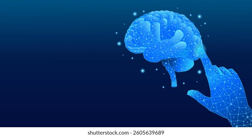Digital index finger touching human brain digital wallpaper technology concept, hand touching brain generative AI