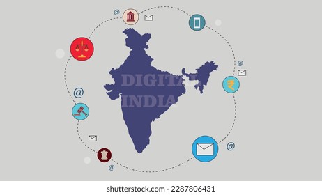 Digital India Map with Tech, Rupee, Banking, Legal and Government Icons around the map.