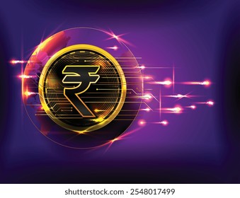 Digital India rupee with gold light vector Dark Background