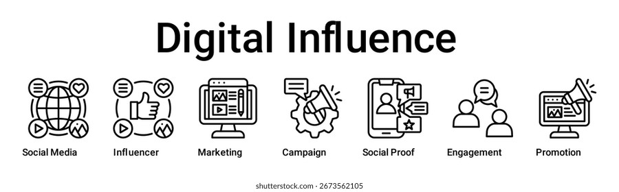 Digital Influence Banner Web-Symbol Vektorgrafik-Konzept für Unternehmen mit Symbol für Social Media, Influencer, Marketing, Kampagne, Social Proof, Engagement.