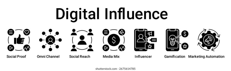 Digital Influence Banner Web-Symbol Vektorgrafik-Konzept für Unternehmen mit Symbol für Social Proof, Omni Channel, Social Reach, Media Mix, Influencer, Gamification, Marketing .