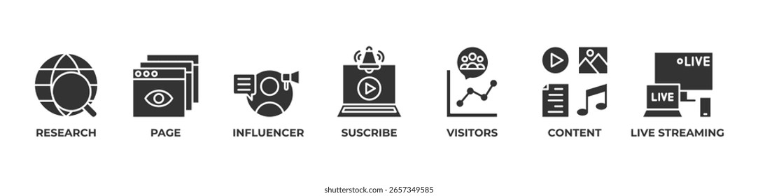 Los iconos de la estrategia de influencia digital establecen la Ilustración vectorial con la investigación, página, influencer, suscribir, visitantes, contenido, transmisión en vivo