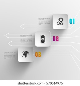 Digital infographic concept with three paper squares business icons and white arrows on gray background vector illustration