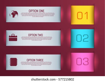 Digital infographic template with colorful squares three options gray text horizontal banners and icons vector illustration