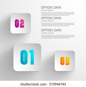 Digital infographic template with three light paper squares colorful numbers on gray background vector illustration