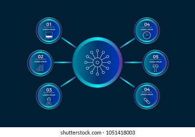 Digital infographics with six options, items or positions, each with personal web icon on topic, all placed on the dark background