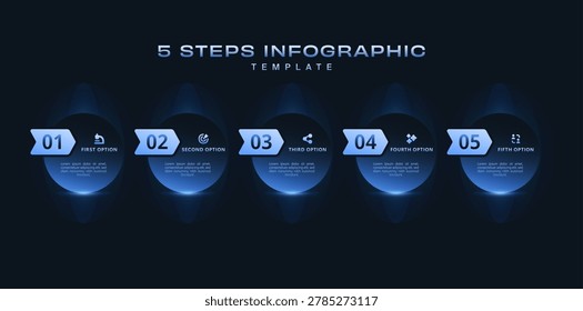 Digital infographics template with 5 futuristic workflow steps, glowing blue business process design, modern presentation layout, technology vector chart for corporate reports