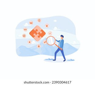 Digital information. Data analysis to increase sales and revenue. Man with magnifier and working with growing graph. Business data analytics concept.  flat vector modern illustration 