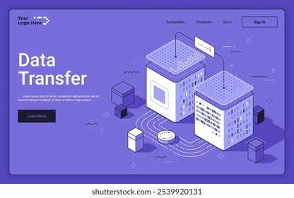 Intercambio de información digital entre los anfitriones modernos sobre fondo púrpura. Plantilla isométrica de la página de destino de transferencia de datos. Sistemas informáticos de procesamiento de archivos Ilustración vectorial 3D para página de Web