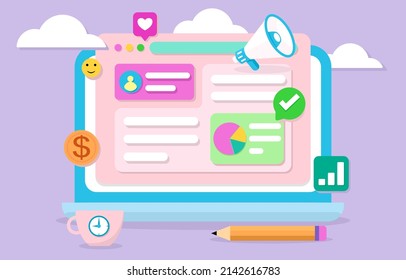 Digital information interface Screen 3D vector Illustration. Business online concept with floating elements 3D flat design icons. Design for website interface, job posting and advertising articles.
