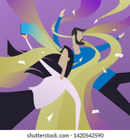 Digital Information overload concept. Couple attacked by information flows or streams. Incoming mail spam problem, communication, message overdose flat illustration