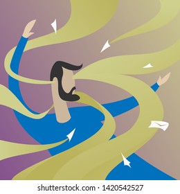 Digital Information overload concept. Man attacked by information flows or streams. Incoming mail spam problem, communication, message overdose flat illustration