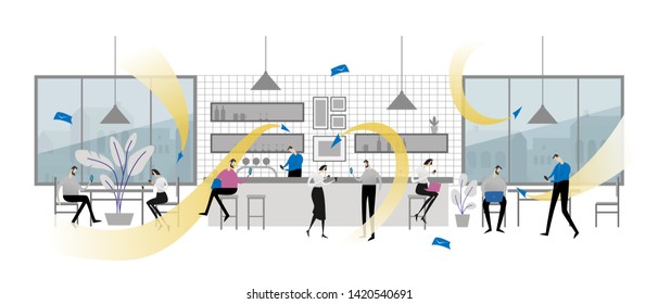 Digital Information overload concept. People in public space with mobile devices, gadgets among information flows or streams. City dwellers in cafe or bar. Mail spam problem