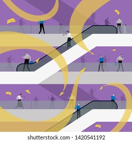 Digital Information overload concept. People in public space with mobile devices, gadgets among information flows or streams. City dwellers in shopping mall or business centre. Mail spam problem