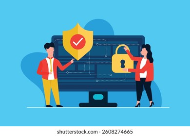 Digital Information Safety and Security vector, People Talks About Personal Data Protection and Cyber Security concept