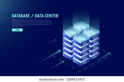 Digital Information Technology in Neon: Isometric Server Room, Data Center, and Big Data Processing Concept