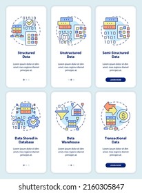 Digital information types onboarding mobile app screen set. Data mining walkthrough 3 steps graphic instructions pages with linear concepts. UI, UX, GUI template. Myriad Pro-Bold, Regular fonts used